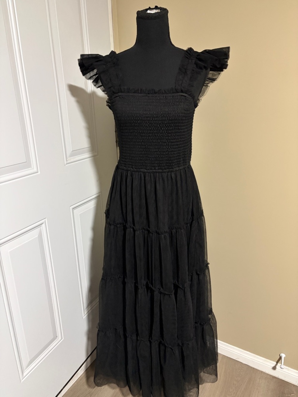 BiBi Black Smocked Maxi Dress with Ruffle Straps